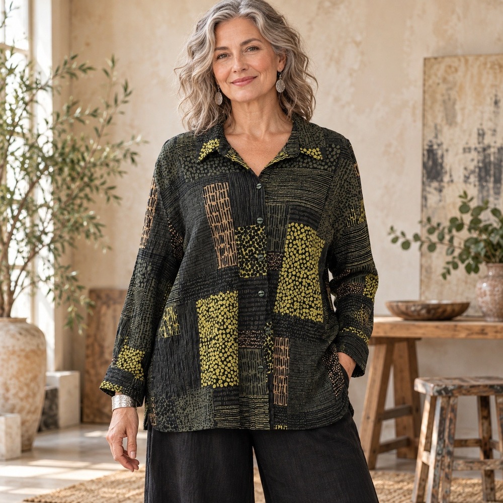 Habitat Clothes to Live In Button Up Top XL Earthy Green Abstract Boho Lagenlook